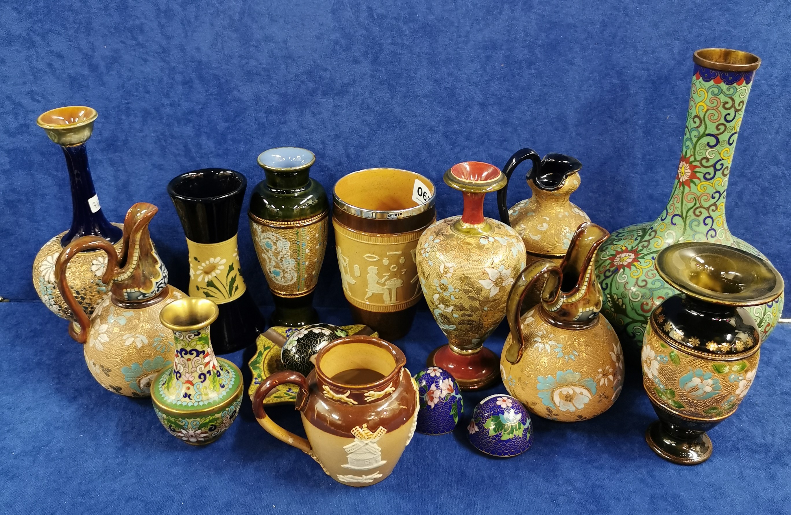 SHELF LOT OF DOULTON LAMBETH WARE TO INCLUDE CLOISONNE