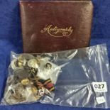 BAG OF BADGES AND BUTTONS AND AUTOGRAPH BOOK WITH WAR REFERENCE