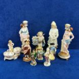 SHELF LOT OF CONTINENTAL FIGURES TO INCLUDE ANTIQUE FIGUREENS