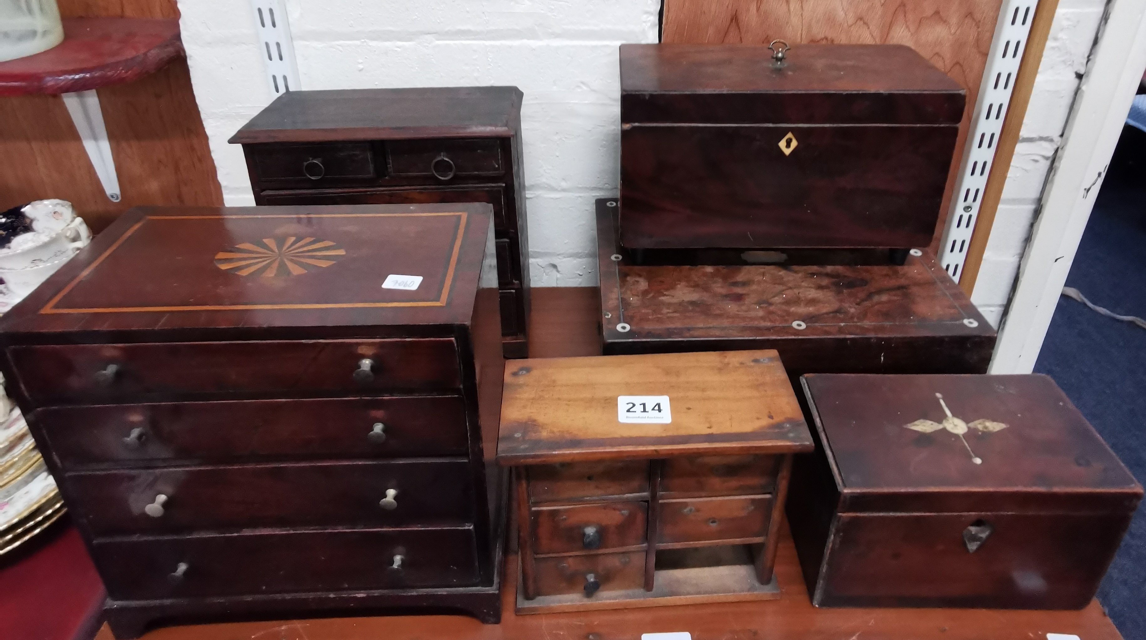 QUANTITY OF MINIATURE CHESTS OF DRAWERS, BOXES & GEORGIAN TEA CADDY