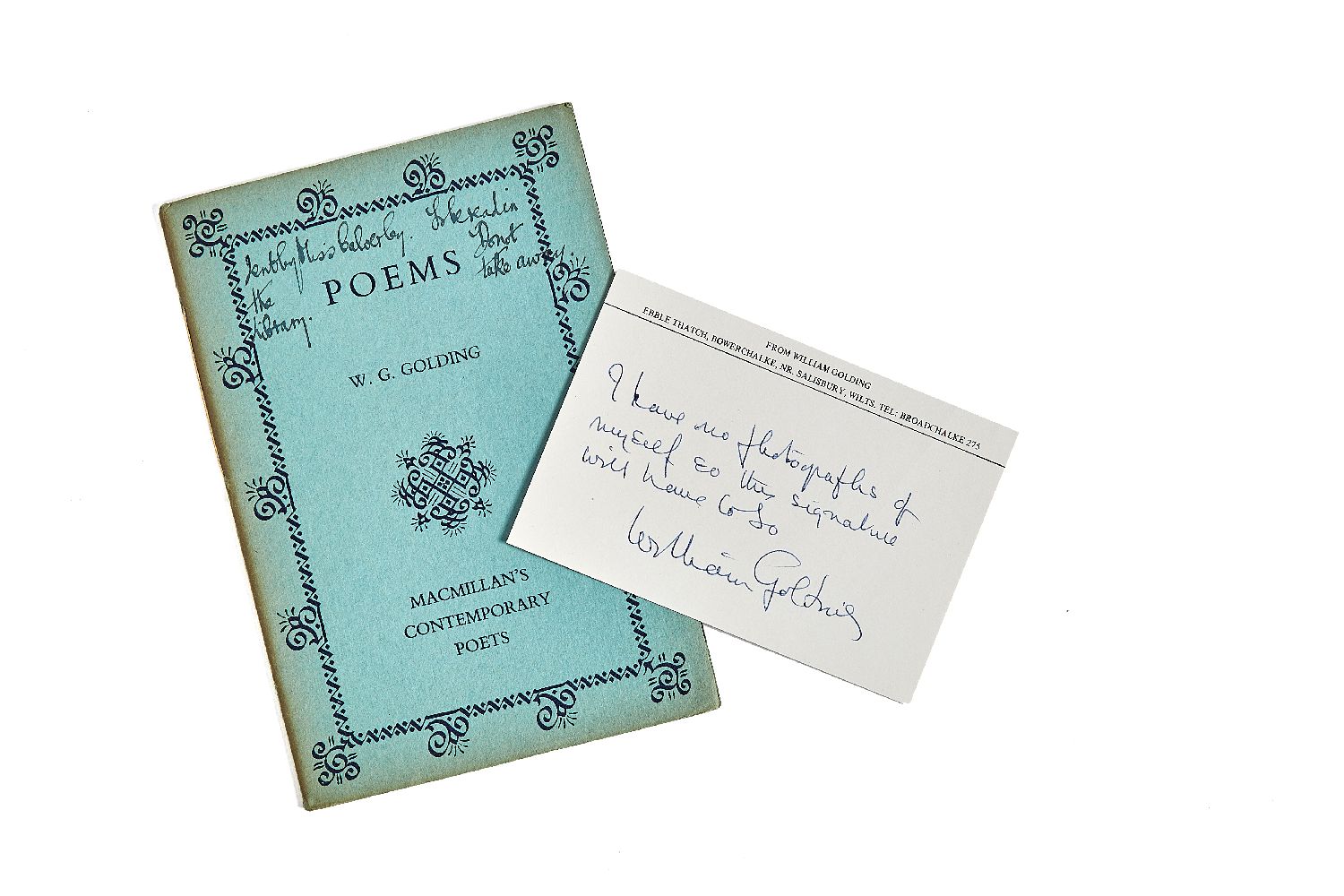 Ɵ William Golding, Poems, with later autograph note signed by the author [London, Macmillan, 1934] - Image 2 of 2