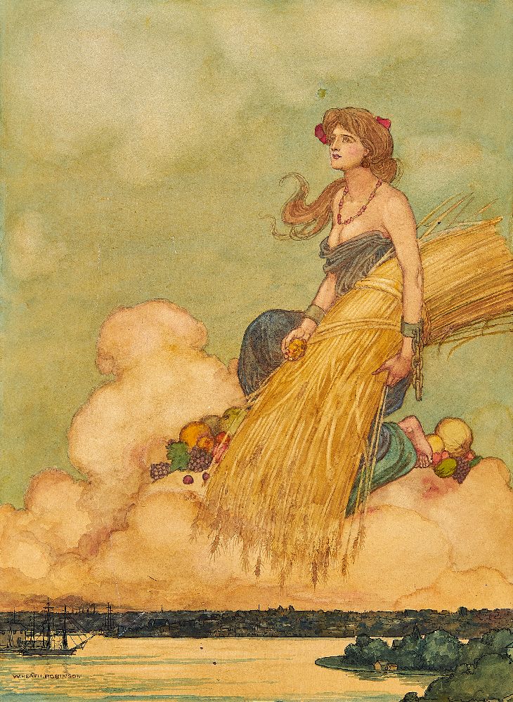 W. Heath Robinson, Female figure over Sydney Harbour, original watercolour illustration,