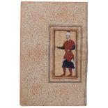 Portrait of a standing Courtier, from a fine Safavid album, Persian miniature on polished paper [Ear