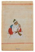 Portrait of a seated Raja holding a Rose, fine Indian miniature on paper [India (Rajasthan), early n