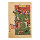 Rustam Fighting Afrasiyab, with soldiers watching on from the hillside, leaf from a Shahnameh, in Ot
