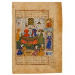 An enthroned Zal and Rudabeh being entertained by palace courtiers and attendants