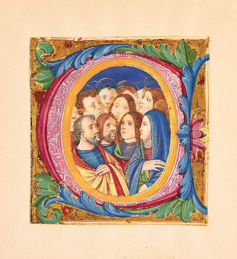 Pentecost in a finely illuminated historiated initial, on a cutting most probably from a choirbook