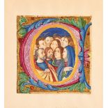 Pentecost in a finely illuminated historiated initial, on a cutting most probably from a choirbook