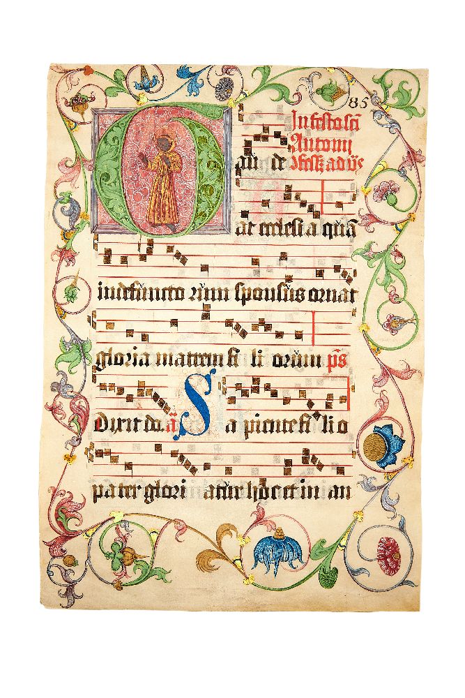 St. Anthony of Padua, in a large initial on a leaf from an antiphonal, illuminated manuscript