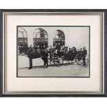 Muzzafer ad-Din Shah Qajar in a Horse-Drawn Carriage, reprinted black and white photograph, taken on
