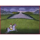 Soldier on horseback guarding palace grounds, miniature painting on card, Pahari school with Europea