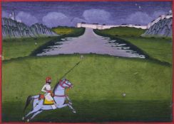 Soldier on horseback guarding palace grounds, miniature painting on card, Pahari school with Europea