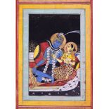 Shiva and Parvati on a tiger-skin rug, miniature painting on card, Pahari school