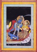 Shiva and Parvati on a tiger-skin rug, miniature painting on card, Pahari school