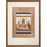 Vilaval Ragini, Nur Jahan with two attendants in waiting, Indian miniature painting on card