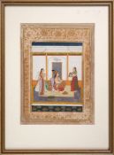 Vilaval Ragini, Nur Jahan with two attendants in waiting, Indian miniature painting on card