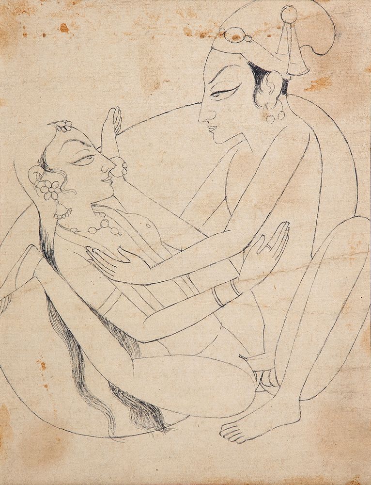 An erotic sketch, pencil drawing on paper, Kishangarh school [India (Rajasthan), first half of ninet