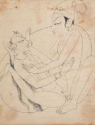 An erotic sketch, pencil drawing on paper, Kishangarh school [India (Rajasthan), first half of ninet