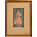 Raja holding out a flower, Indian miniature painting on card [Mughal India, c. 1870]