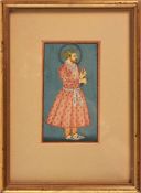 Raja holding out a flower, Indian miniature painting on card [Mughal India, c. 1870]