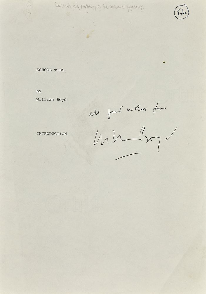 William Boyd, Publisher's file copy photocopy of School Ties typescript, signed by Boyd with a photo