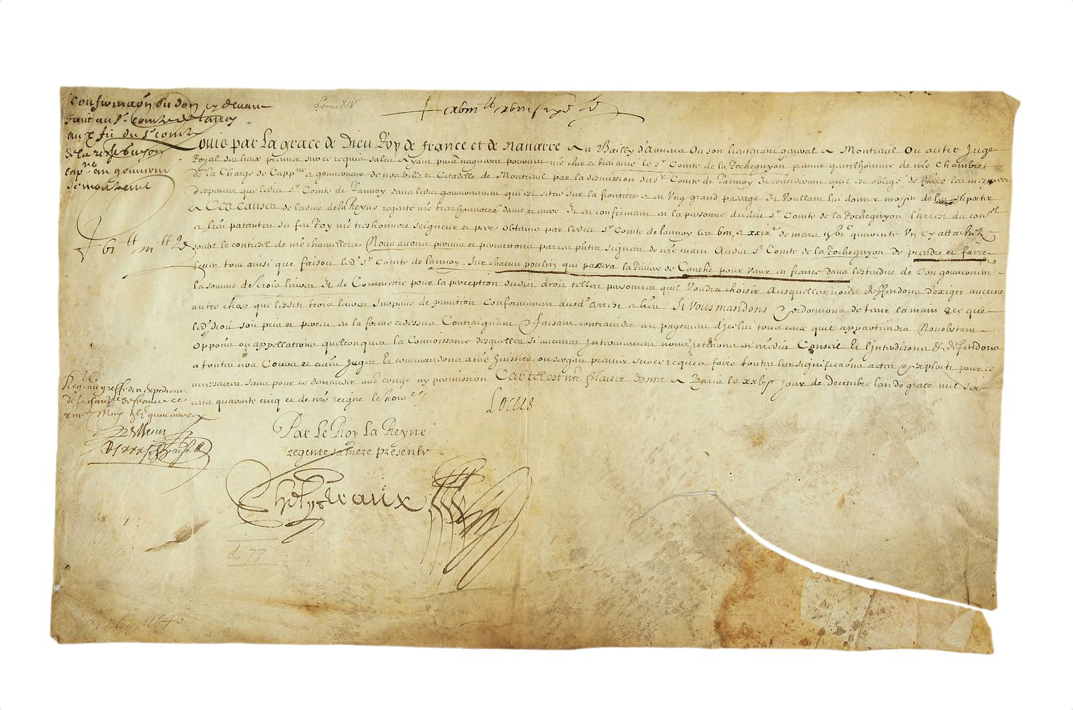 Charter of Louis XIV of France for the Comte de la Rocheguyon, signed by the monarch himself