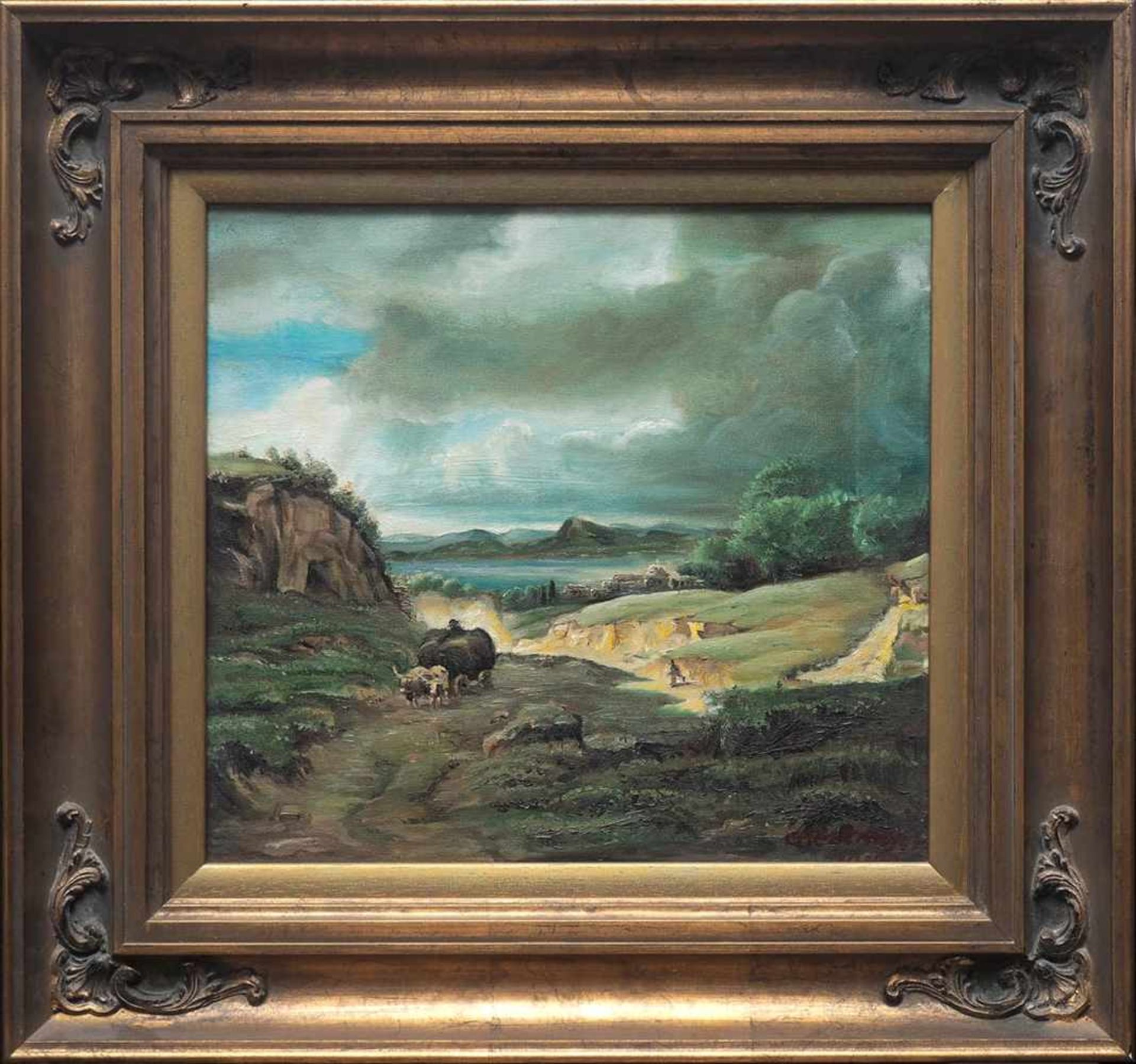 Corot, Camille, 1796 - 1875 (Kopie nach)Sommerliche Landschaft unter Gewitterwolken. Im