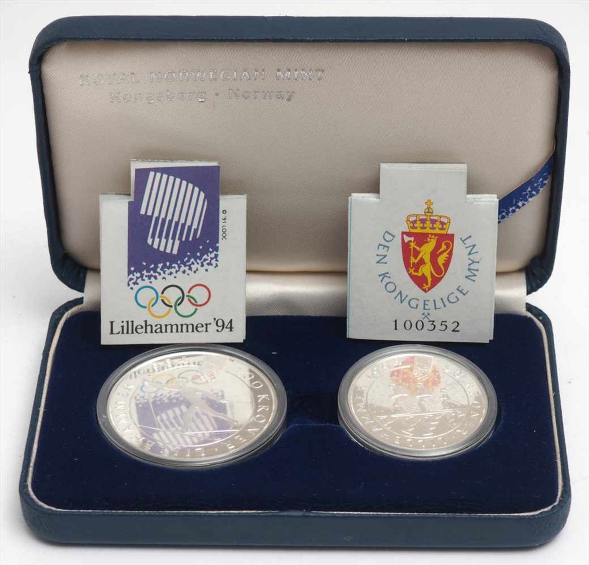 Zwei Silbermünzen, Norwegen 1994100 bzw. 50 Kronen, Sondermünzen anlässlich der Olympischen Spiele