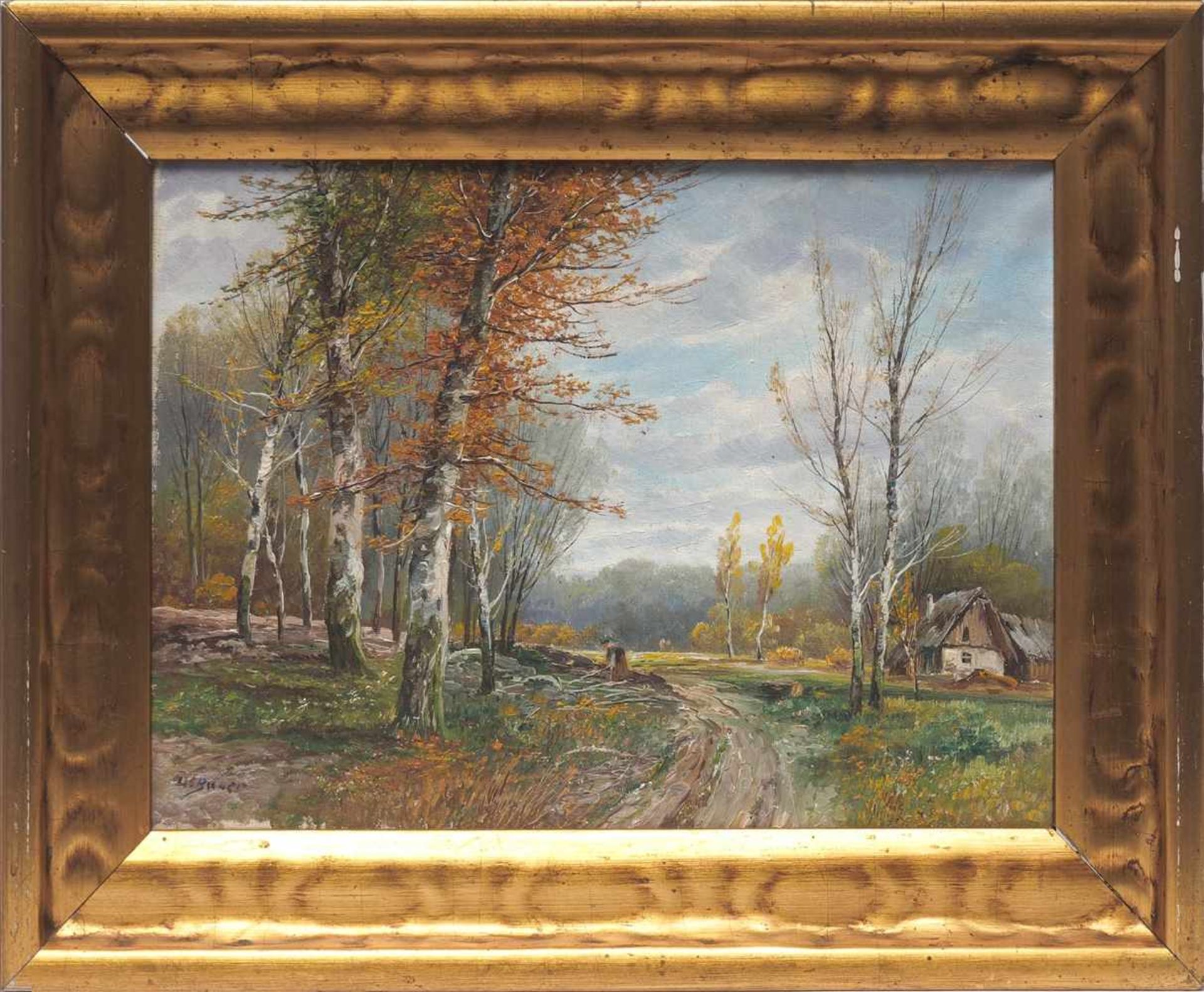 Bauer, L., um 1900Herbstliche Landschaft. Neben einem kleinen Bauernhof eine einsamde