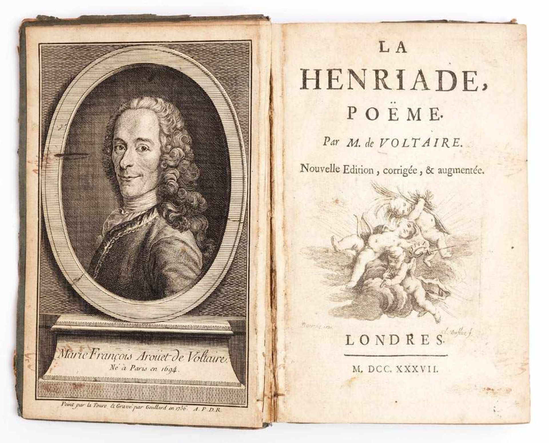 Voltaire: Henriade, London 1737Titelkupfer mit Portrait aus dem Jahr 1736, im Text Putti und