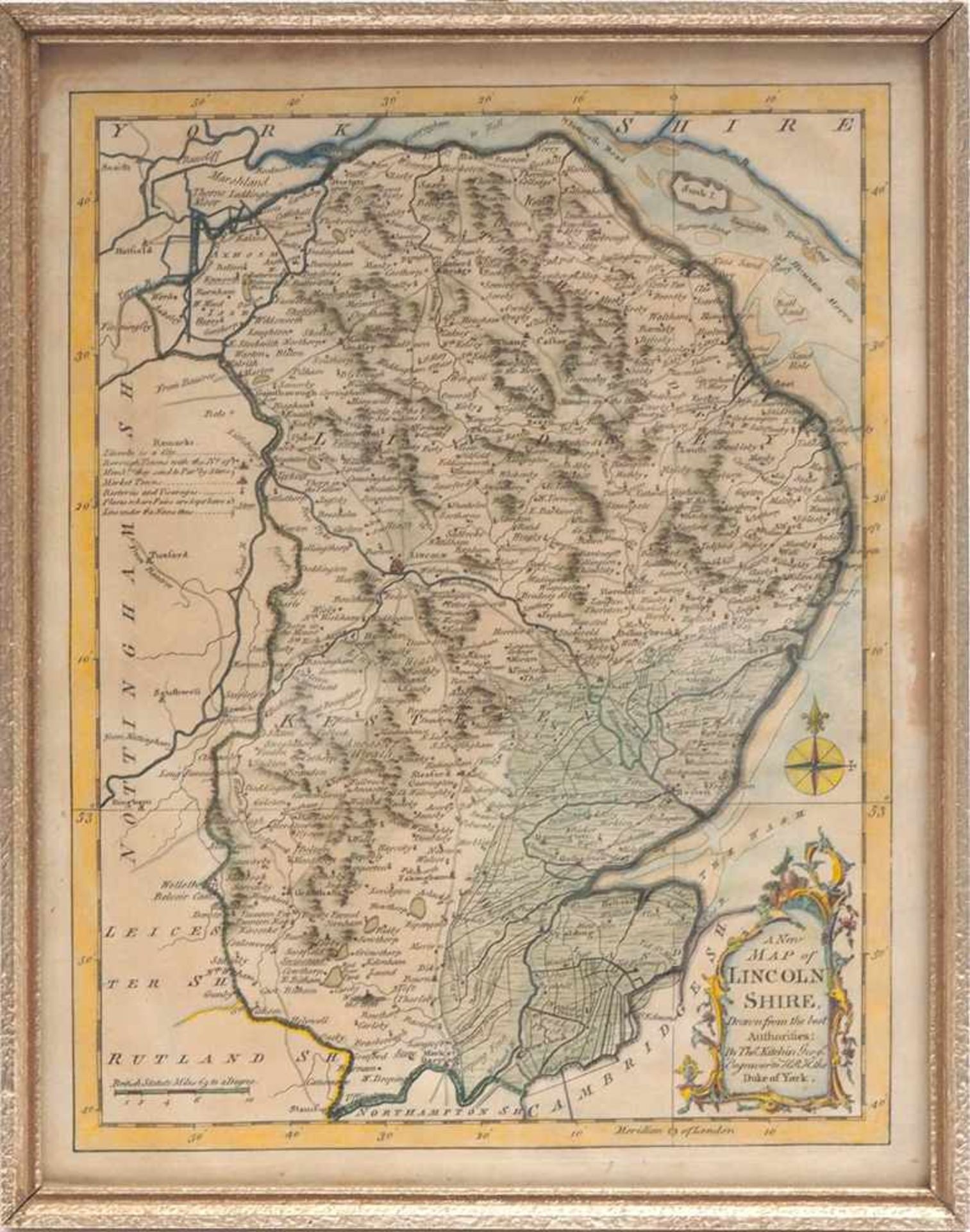 Kitchin, Thomas, 1718 - 1784Landkarte von Lincolnshire. Kupferstich, altkoloriert, ger. Blattgröße