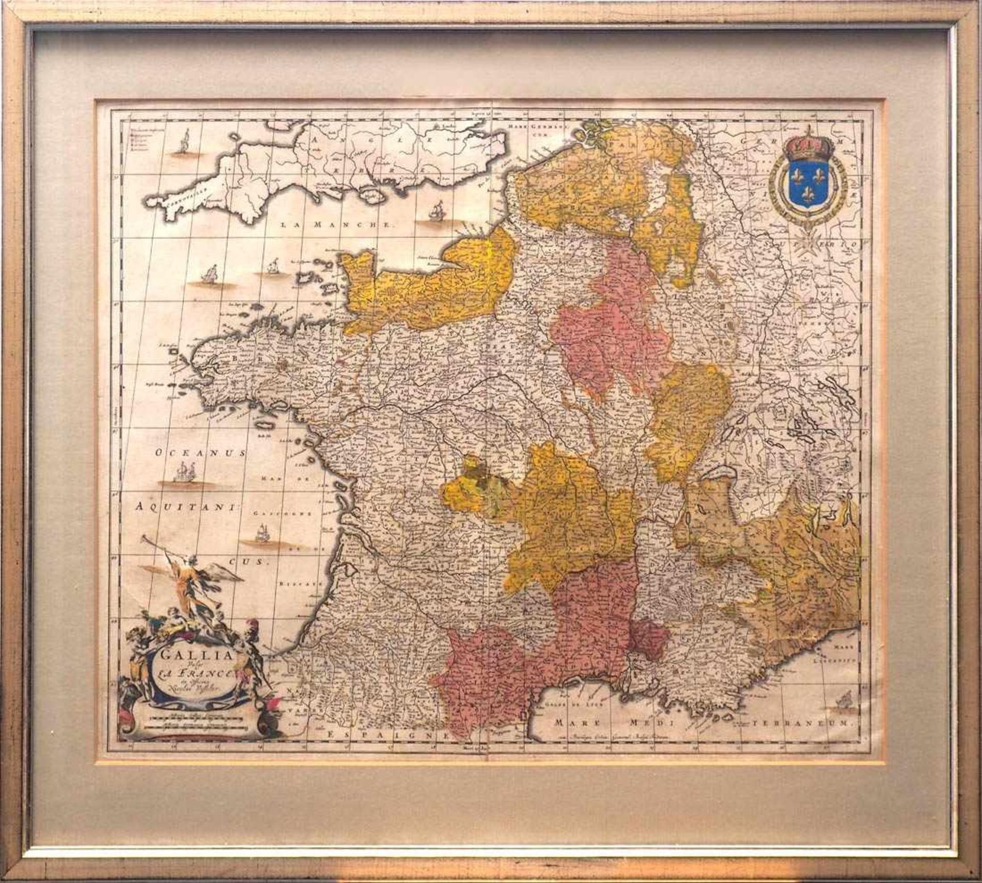 Visscher, Nikolai, 17.Jhdt.Karte von Frankreich. Rechts oben Lilienwappen mit dem Orden pour le