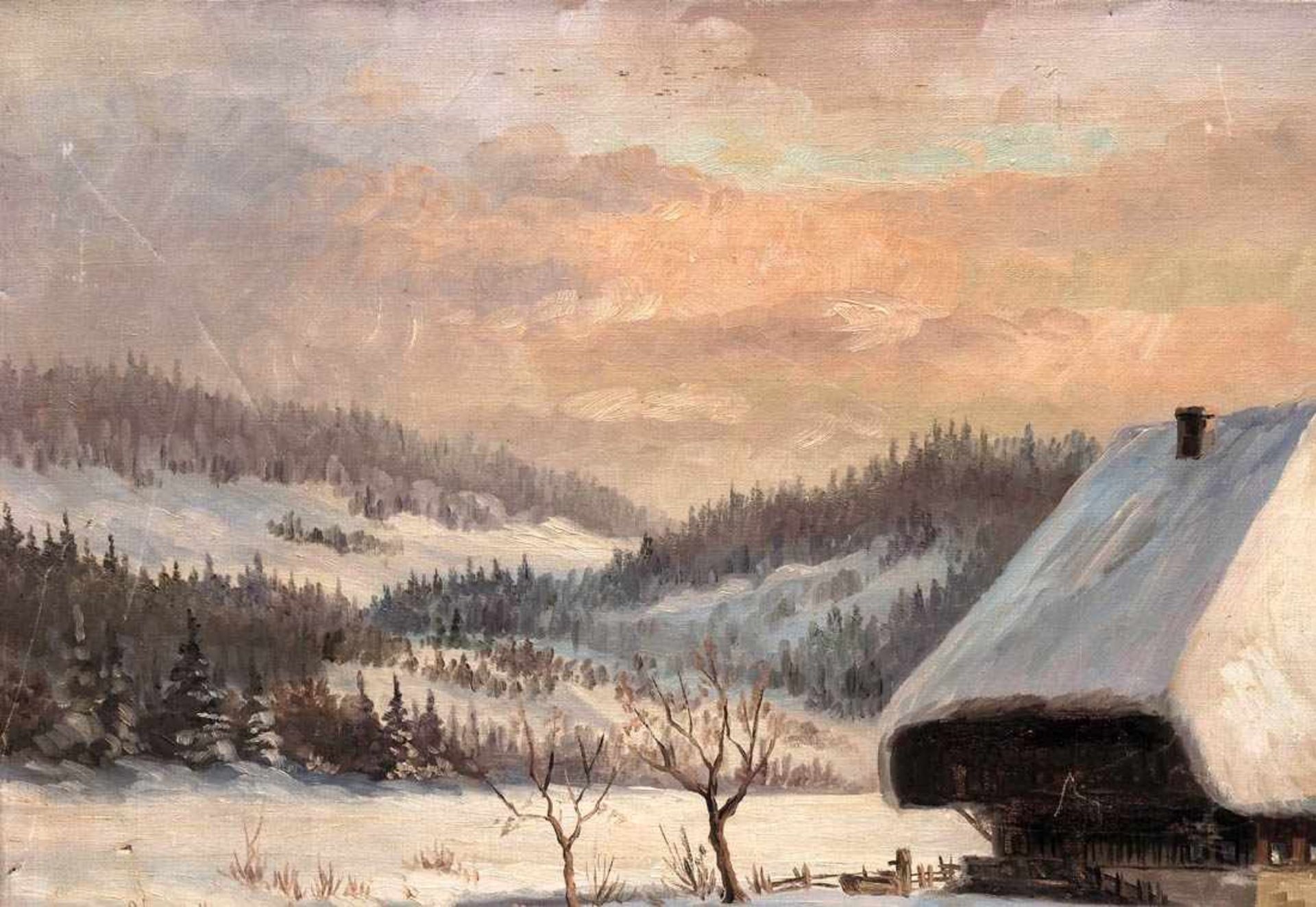 Billau, Karl, 19./20.Jhdt.Winter im Schwarzwald. Im Vordergrund ein verschneites Gehöft, im - Bild 2 aus 6