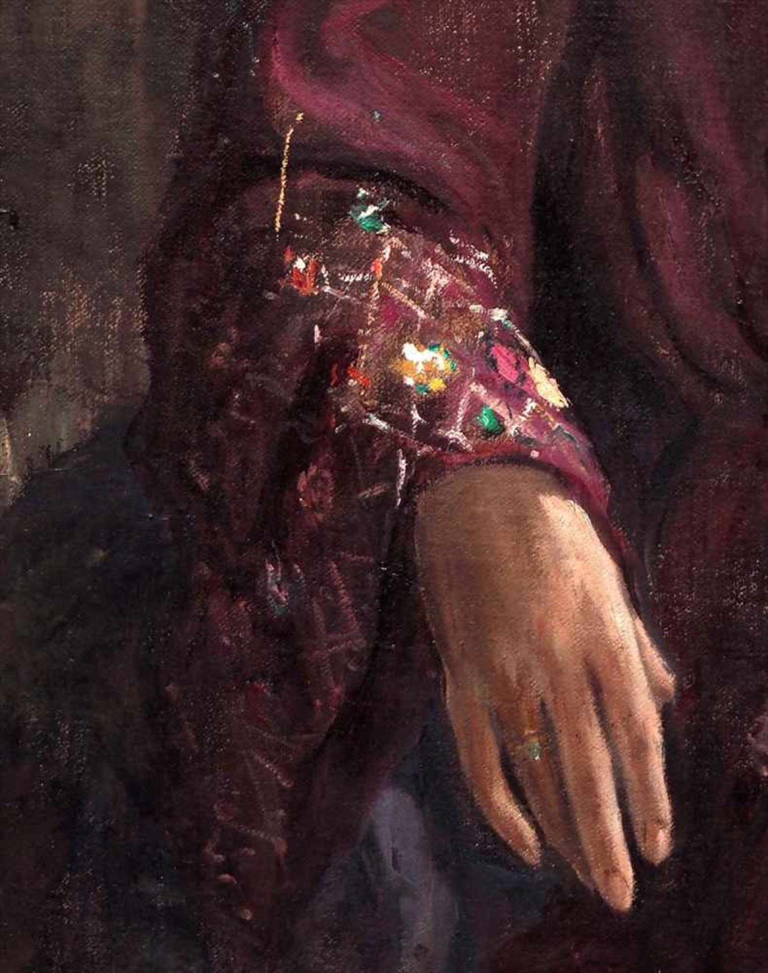 Eberstein, H., 20.Jhdt.Portrait einer vornehmen jungen Dame in violettem Kostüm, in einem Sessel - Bild 3 aus 6