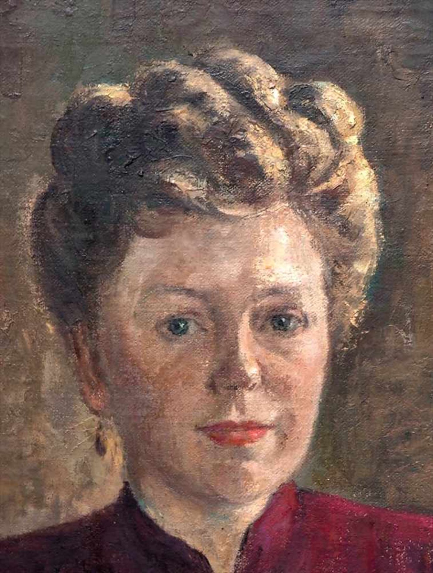 Eberstein, H., 20.Jhdt.Portrait einer vornehmen jungen Dame in violettem Kostüm, in einem Sessel - Bild 2 aus 6