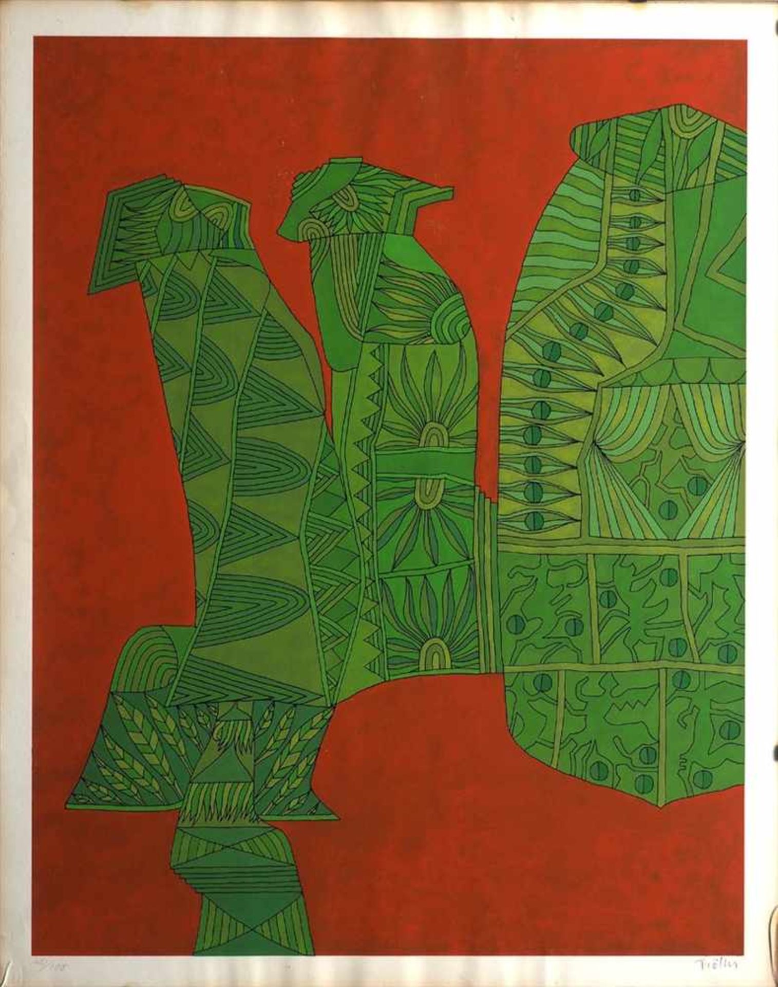 Trökes, Heinz, 1913 - 1997Abstrakte Komposition in Grün und Rot. Farbserigraphie, rechts unten