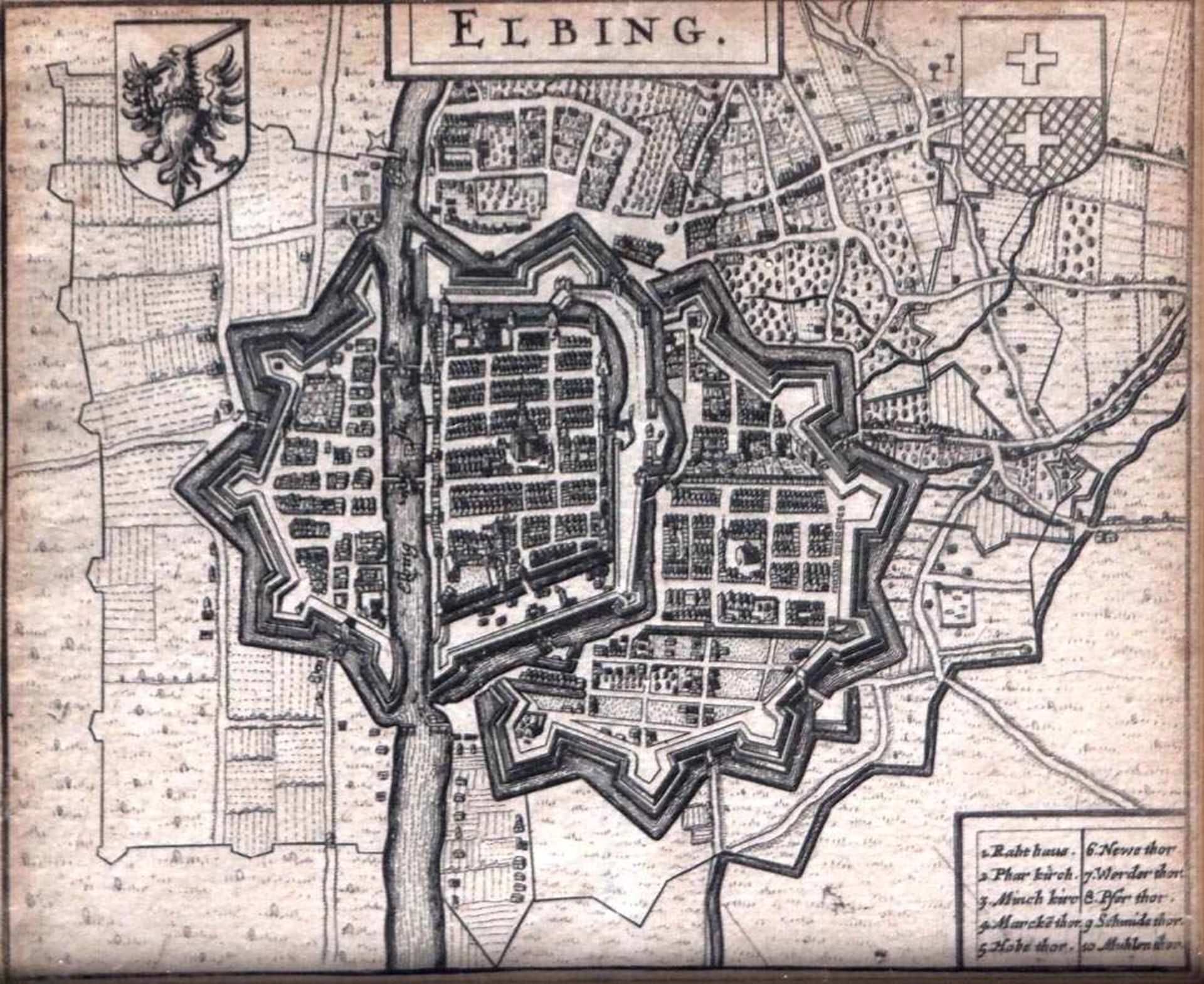 Jansonius, Johannes, 1588 - 1664Stadtplan von Elbing, dat. 1658, ger. Passepartoutausschnitt - Bild 2 aus 2