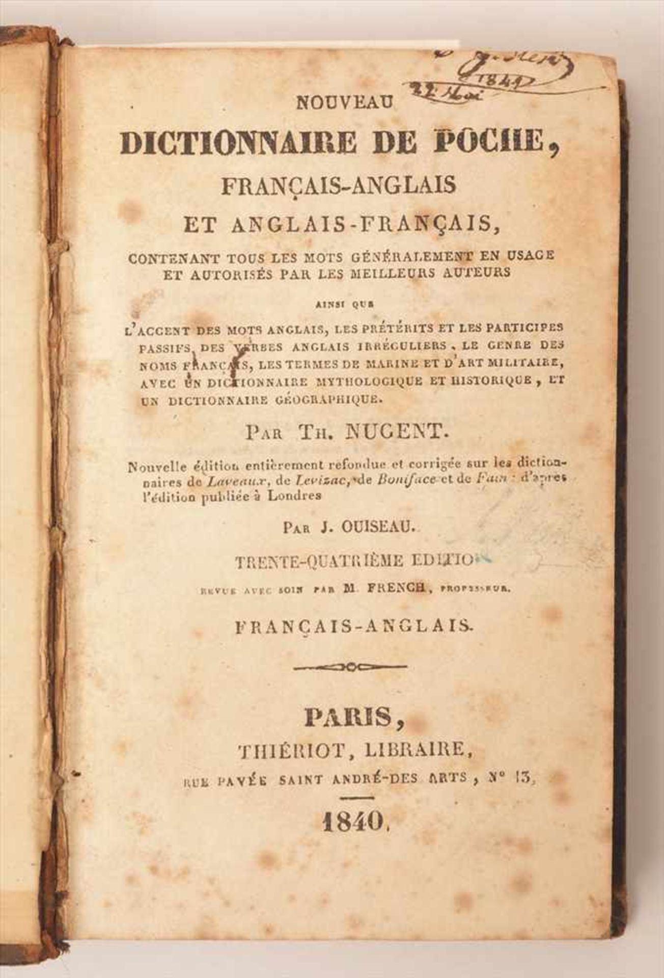 Nugant: Französisch-englisches Taschenwörterbuch, Thieriot, Paris 1840Geprägter Ledereinband,