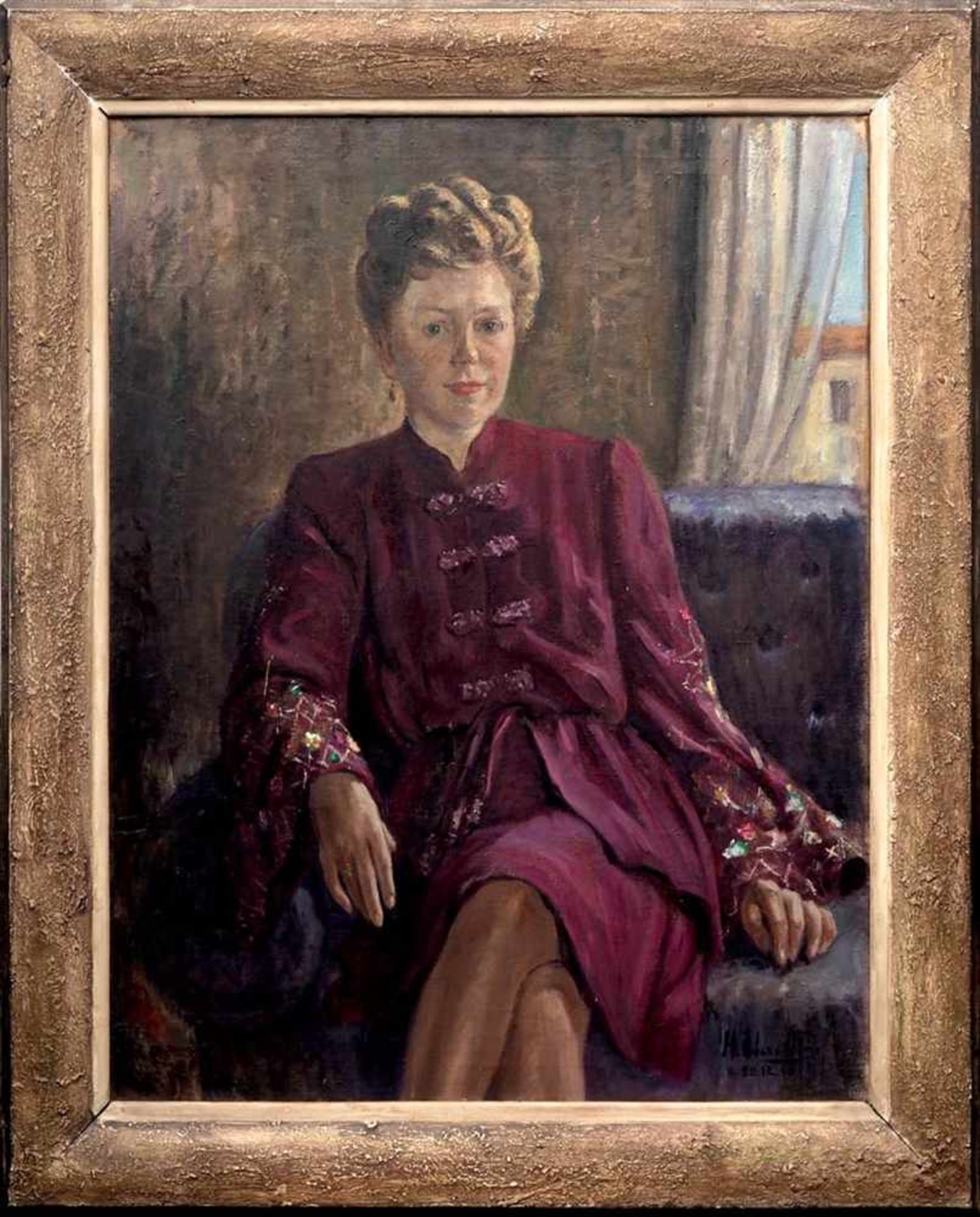 Eberstein, H., 20.Jhdt.Portrait einer vornehmen jungen Dame in violettem Kostüm, in einem Sessel