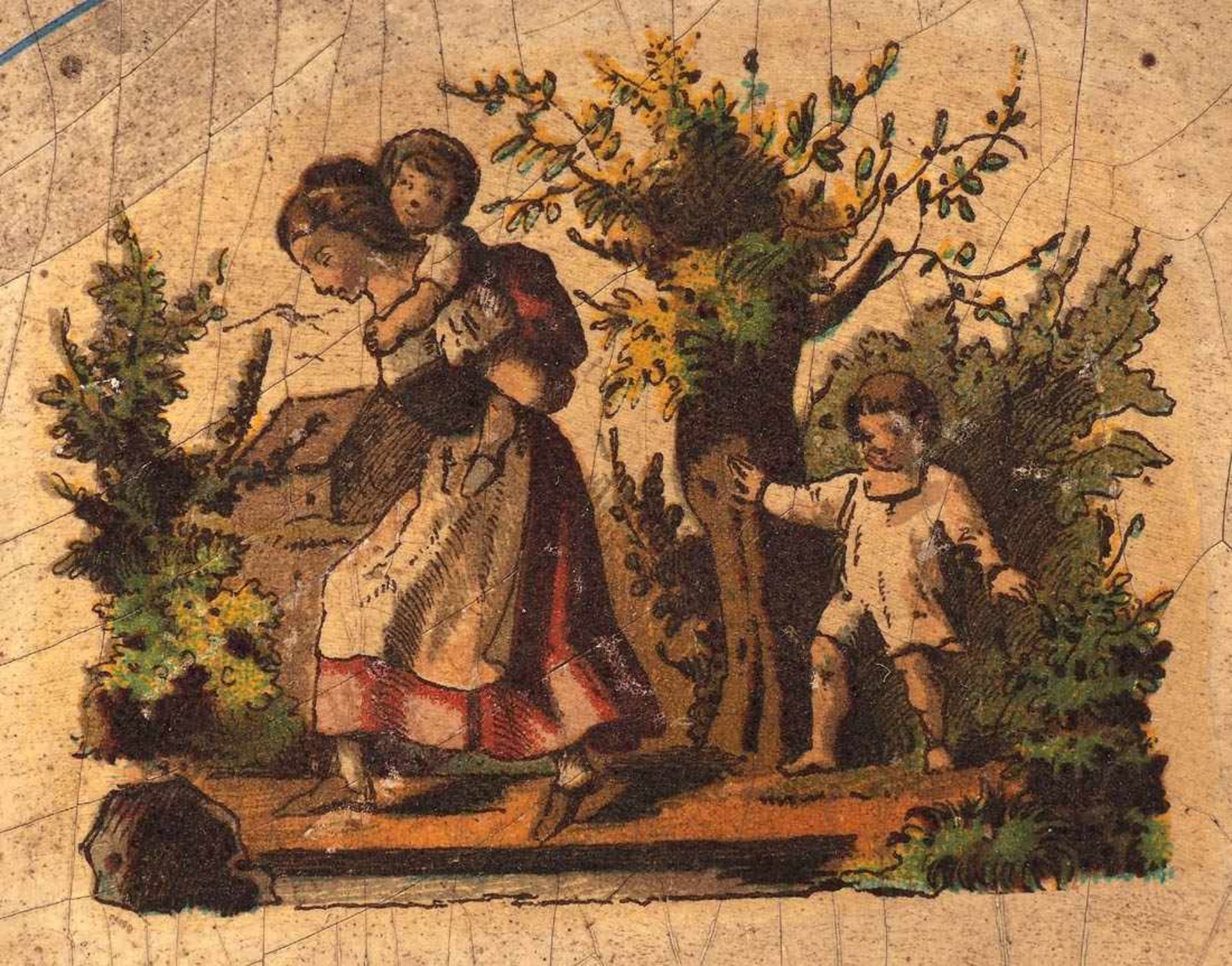 Schilderuhr, Schwarzwald, 19.Jhdt.Gesägtes Bogenschild, im Bogenfeld lithographierte Darstellung - Image 3 of 5