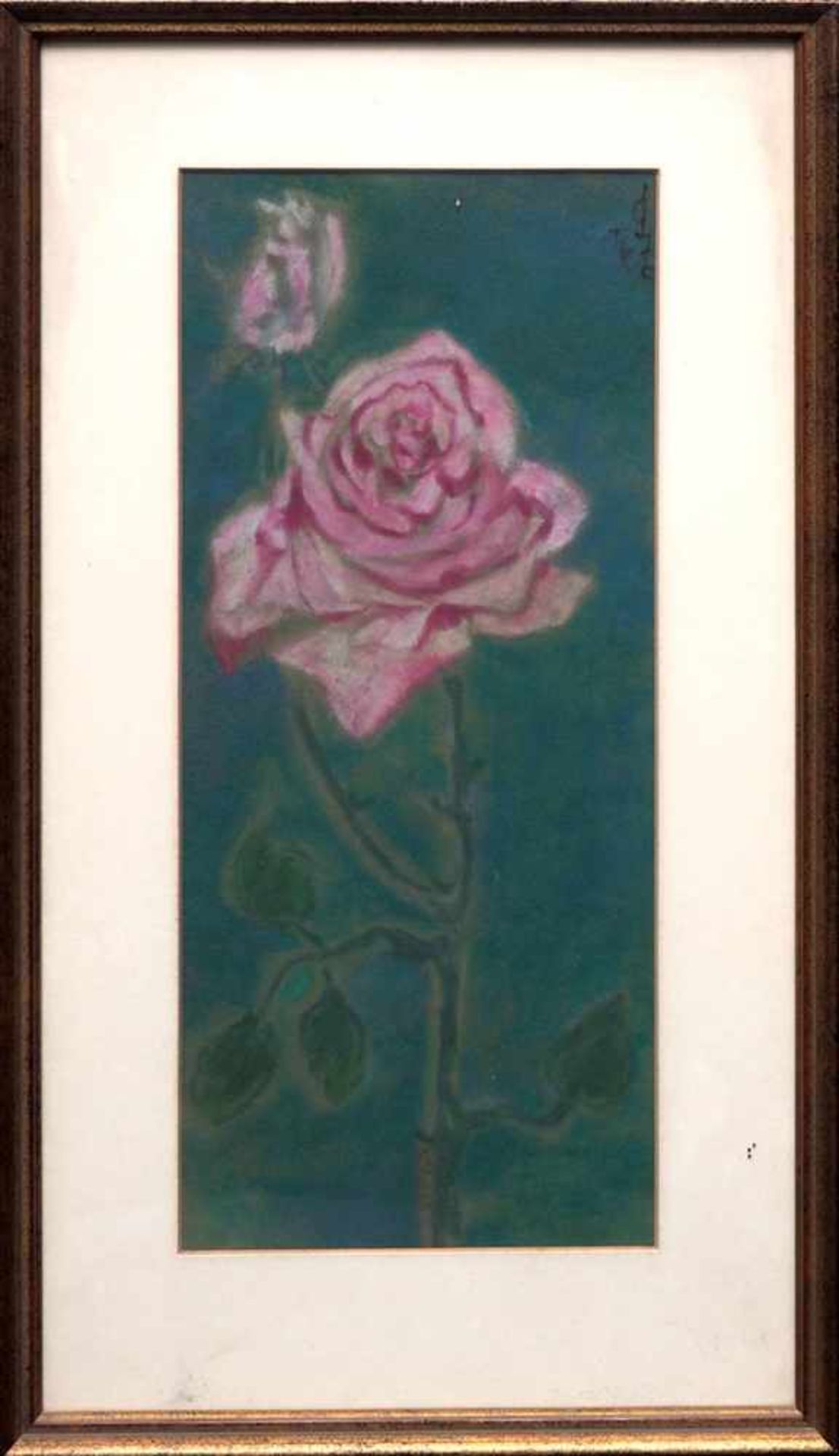 BlumenstillebenEinzelne Rose. Aquarell, ger. Innenmaß des Passepartouts 35x15cm.