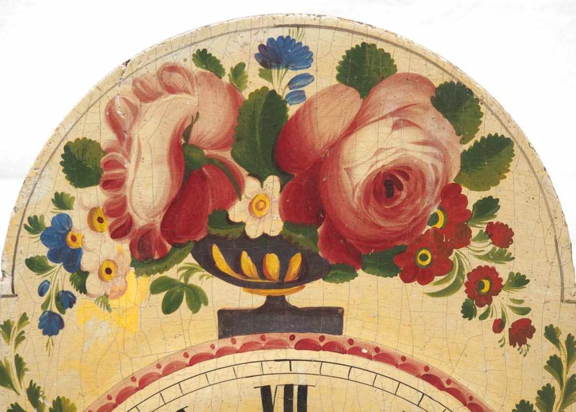 Schilderuhr, Furtwangen, Mitte 19.Jhdt,Gesägtes Bogenschild, im Bogenfeld Blumenstrauß in - Image 3 of 4