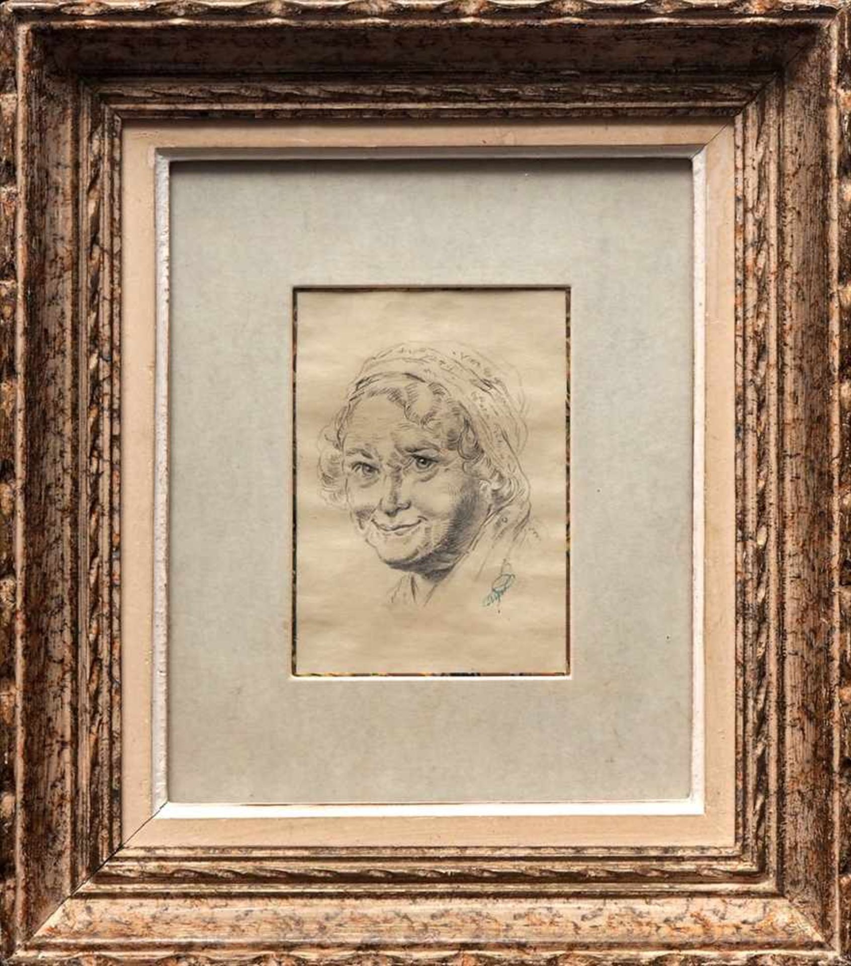Portraitist, 19.Jhdt.Brustbild einer schmunzelnden alten Dame mit Haube. Bleistiftzeichnung,