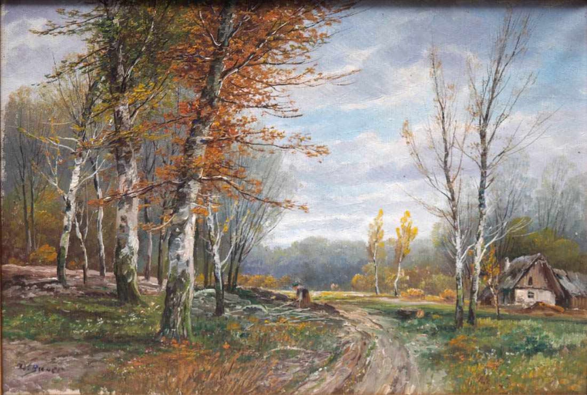 Bauer, L., um 1900Herbstliche Landschaft. Neben einem kleinen Bauernhof eine einsamde - Bild 2 aus 4