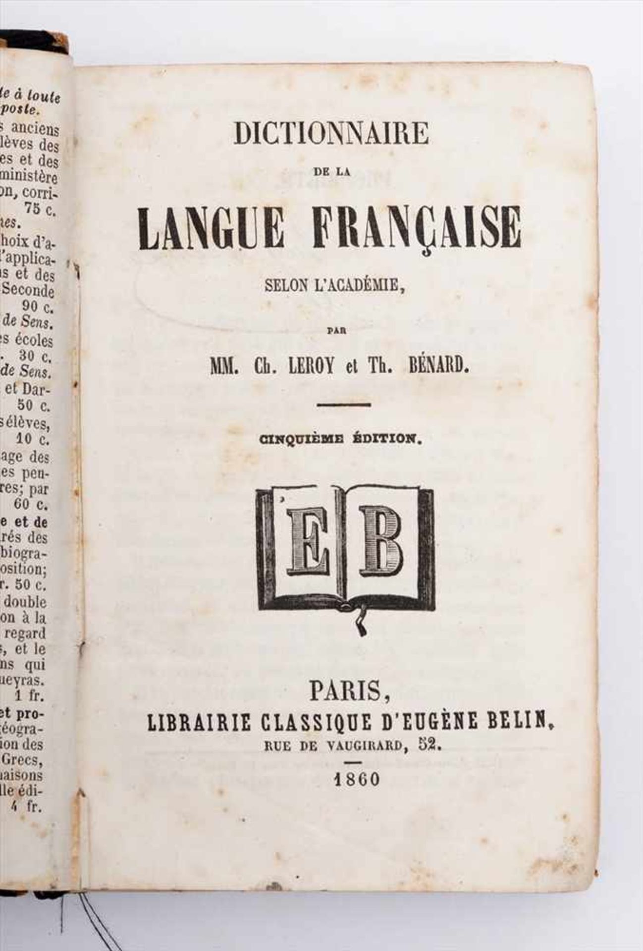 Französisches WörterbuchLeroy und Bénard: Dictionnaire de la langue francaise, Belin, Paris 1860. - Image 2 of 3