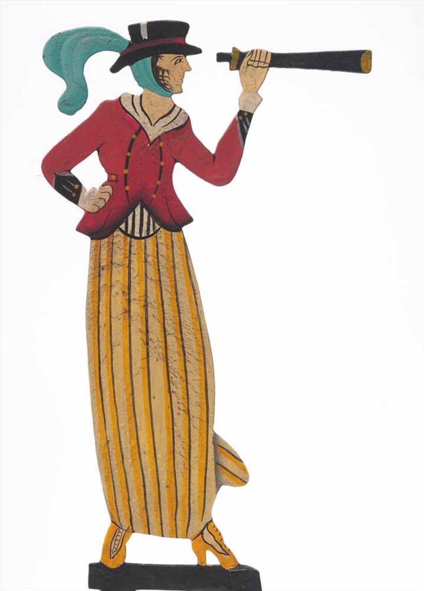 PendelfigurAuf hochrechteckigem Ständer Dame im langen Kleid, durch ein Fernrohr sehend. Metall, - Bild 2 aus 3