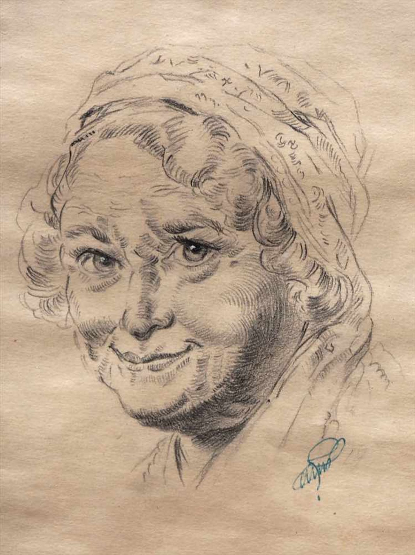 Portraitist, 19.Jhdt.Brustbild einer schmunzelnden alten Dame mit Haube. Bleistiftzeichnung, - Image 2 of 3