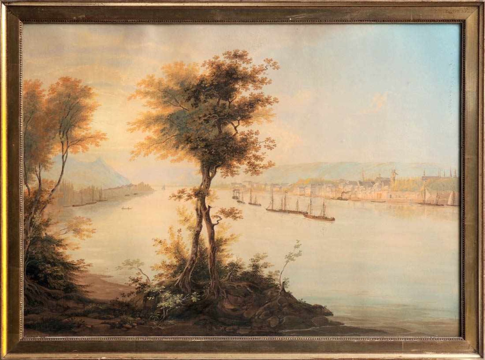 Alster, J.H., 19.Jhdt.Blick über den Rhein auf Bonn, im Hintergrund das Mittelrheintal. Aquarell,