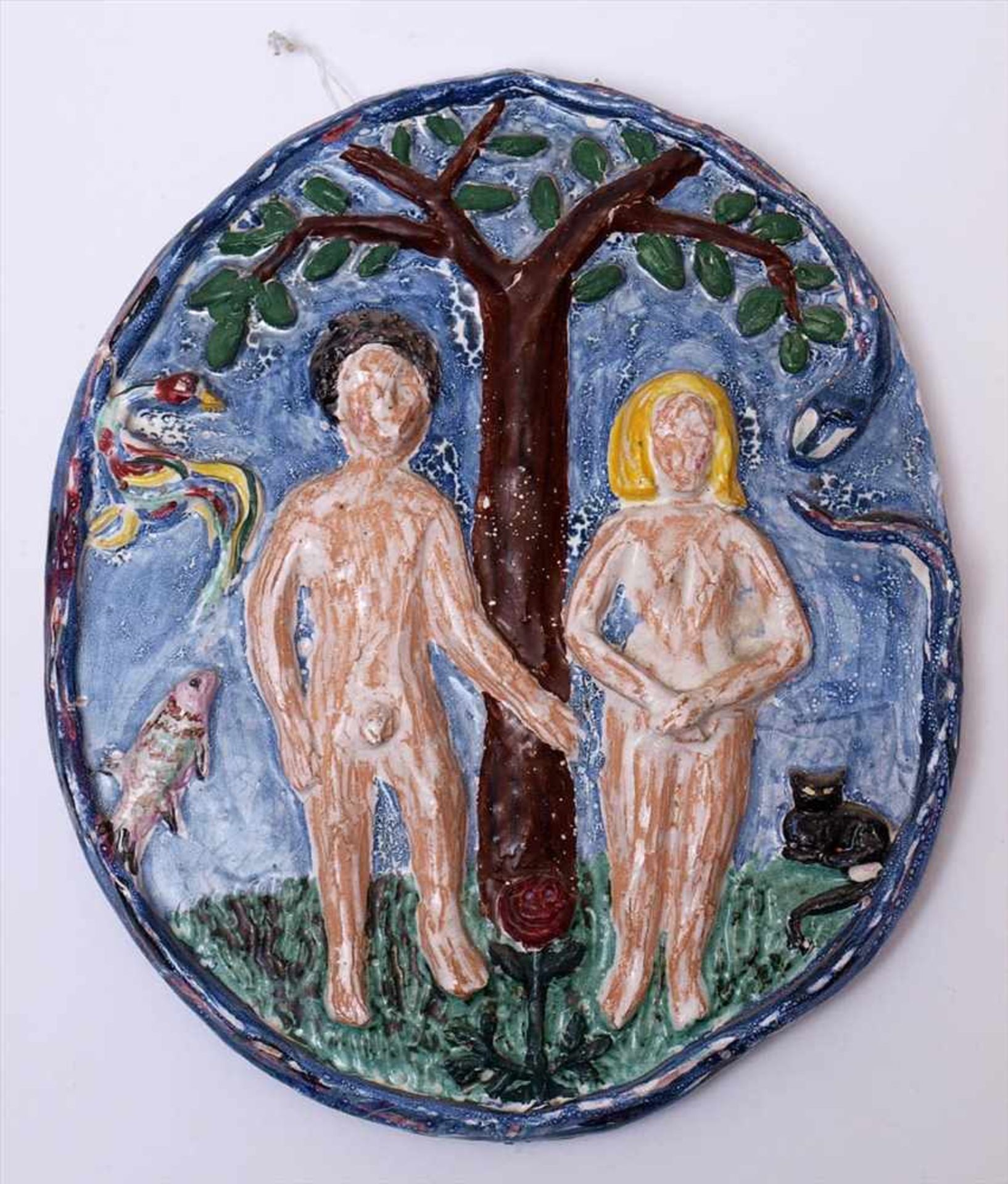 Wandapplike, wohl Kandern, 20.Jhdt.Adam und Eva unter dem Baum mit der Schlange. Ton, farbig