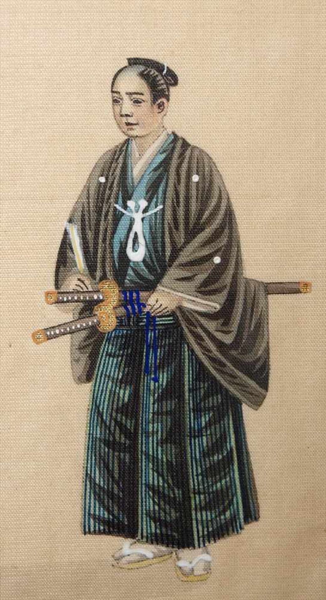 Drei Stoffmalereien, Japan, um 1900Samurai, Kind mit Flagge bzw. kniende Frau mit Schaufel in - Image 3 of 4